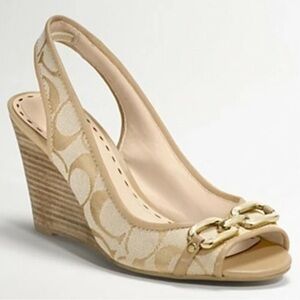 COACH CYNTHIA SIGNAURE KHAKI WEDGE SANDAL SHOES